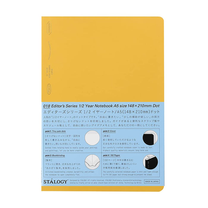 Stalogy 1/2 Year Notebook A5 – yellow cover, packaged with product details.