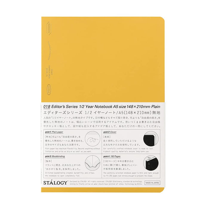 Stalogy 1/2 Year Notebook A5 – yellow cover, packaged with product details.