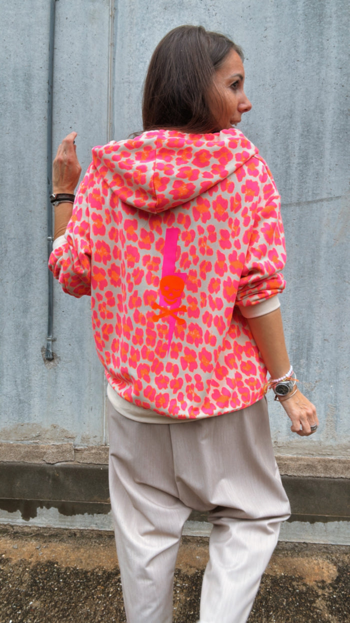 Sudadera "Brunch" con capucha y cremallera, estampado leopardo flúor