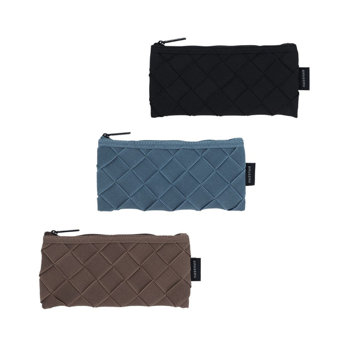 Set of three Sun-Star Amugomu Woven Elastic Pen Cases in black, blue, and brown, displayed together.