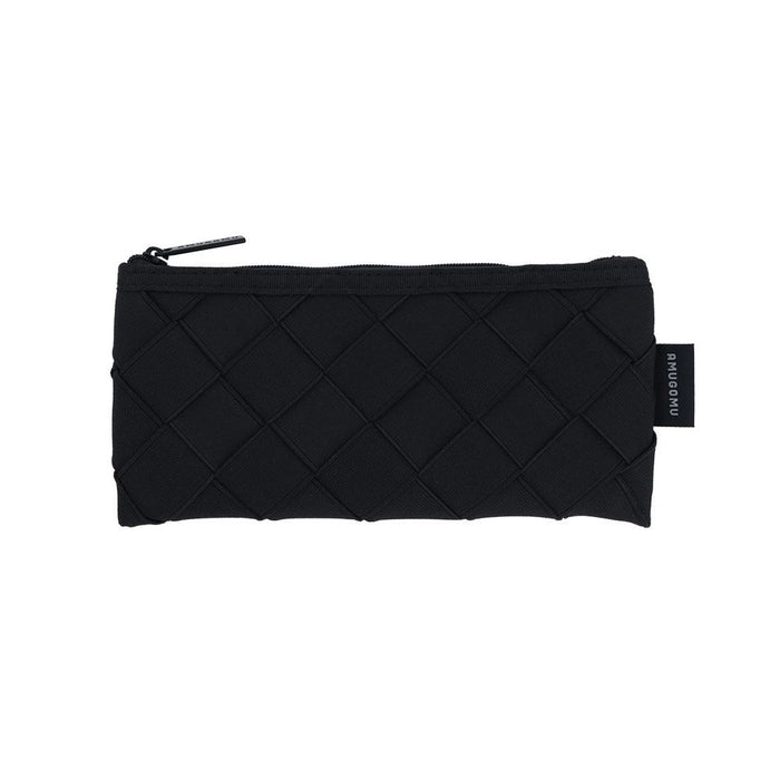Front view of the Sun-Star Amugomu Woven Elastic Pen Case in black, showing its quilted elastic band exterior.