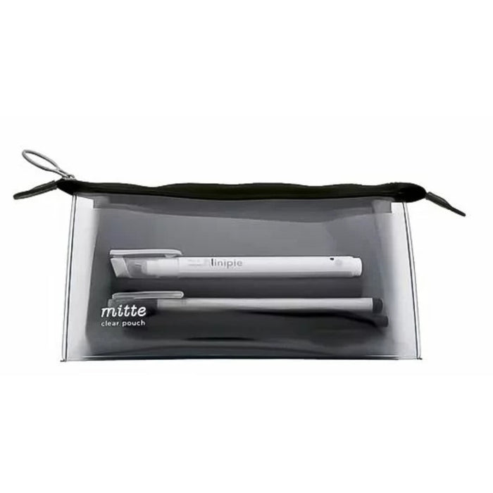 Sunstar Mitte gusset clear pouch in light black shown open with internal compartments visible.