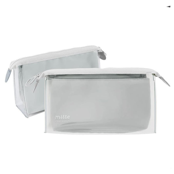 Side view of Sunstar Mitte gusset clear pouch in light grey with structured design.