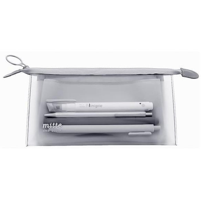 Sunstar Mitte gusset clear pouch in light grey shown open with spacious interior visible.