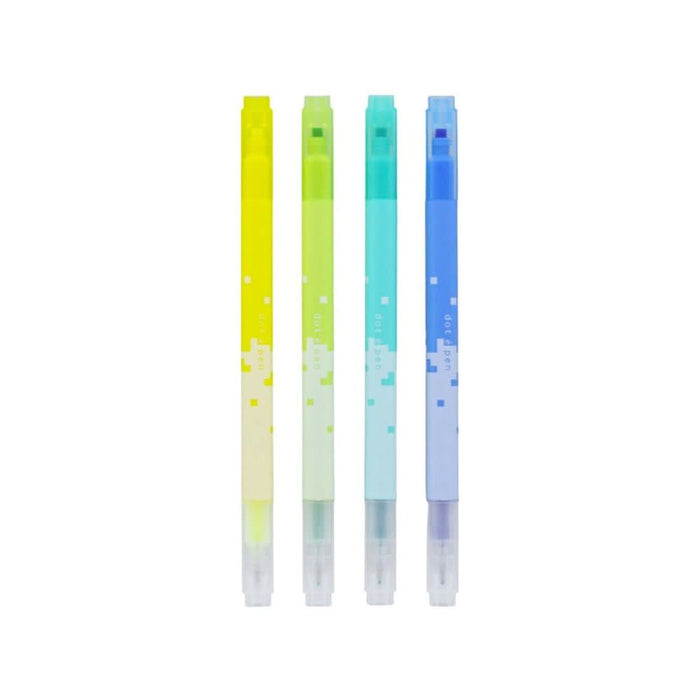 Four Sun-Star DOT É Pen Square Markers, Dual Tip, Pack B, in fluorescent yellow, fluorescent green, mint, and blue, arranged upright in a row.