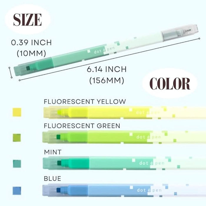 Size and colour guide for Sun-Star DOT É Pen Square Markers, showing fluorescent yellow, fluorescent green, mint, and blue pens.