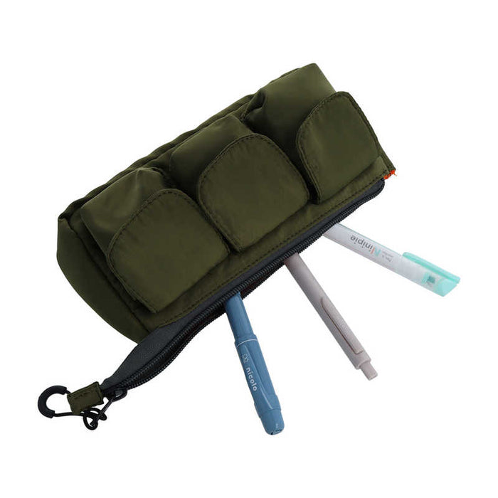 The Journal Shop - Khaki Sun-Star Gears Pack multi-function pencil case with three front pockets and pens inside.