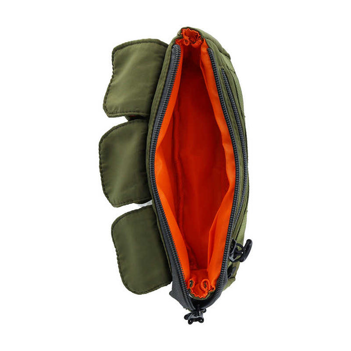 The Journal Shop - Top view of Khaki Sun-Star Gears Pack pencil case showing bright orange interior lining.
