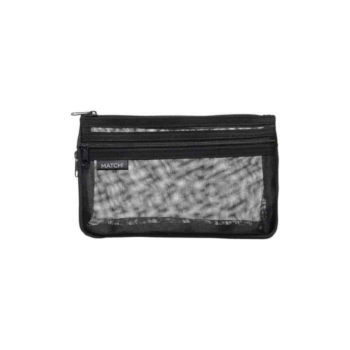 Sun-Star Match Mesh Pen Pouch in black with see-through mesh panel and two zippers.