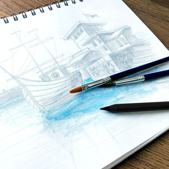 Sun-Star Metacil Metal Lead Pencil in black shown on sketchbook with a detailed pencil drawing of a boat and building, alongside paintbrushes adding blue watercolour.