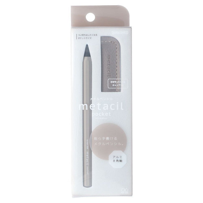 Packaged Sun-Star Metacil Metal Pencil Pocket in grey, displayed in a clear retail box with pencil and leather cap visible.