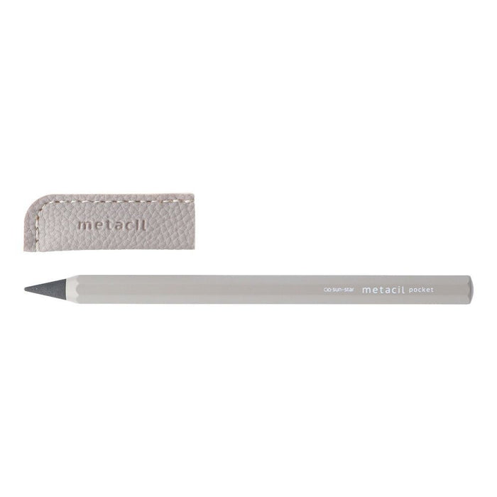 Sun-Star Metacil Metal Pencil Pocket in grey, shown without its cap, placed alongside the leather protective sleeve.