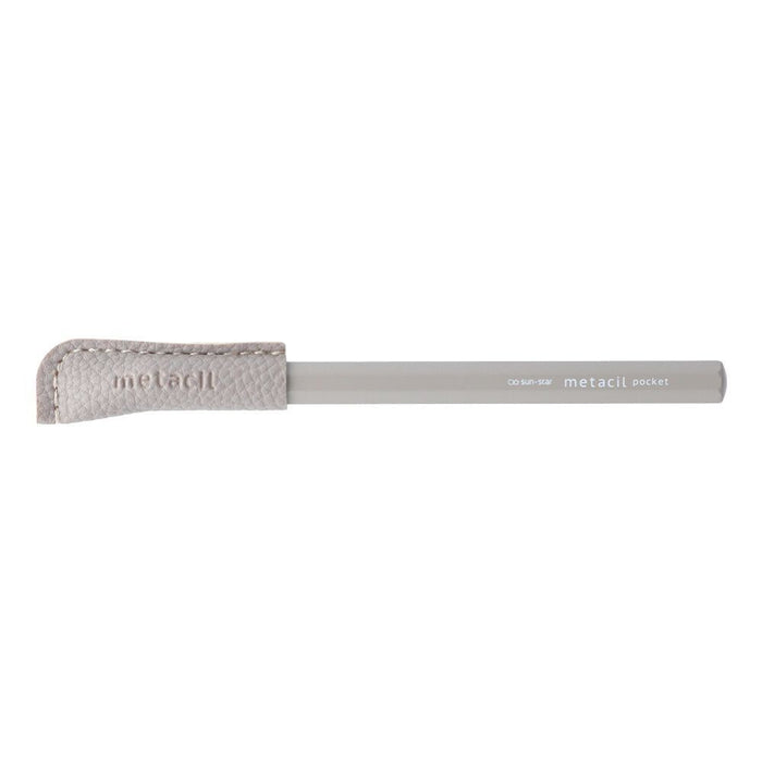Sun-Star Metacil Metal Pencil Pocket in grey with matching leather cap fitted, shown in a side profile view.