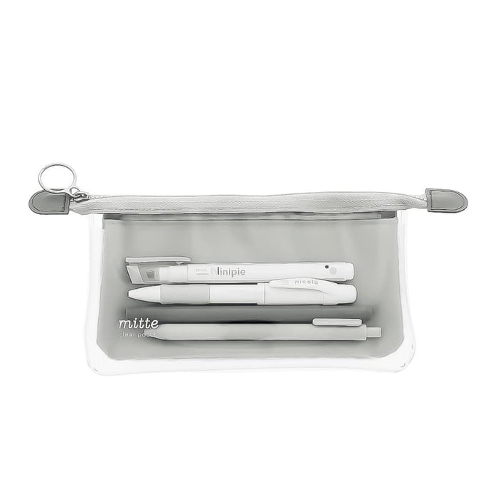 Sunstar Mitte flat pen case in light grey shown transparent with clear compartments.