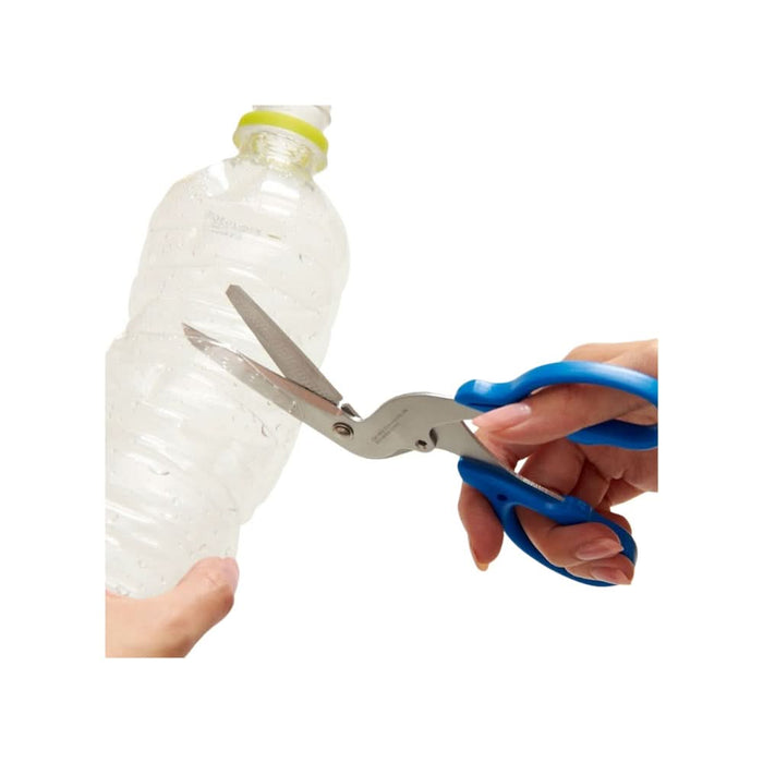 Sun-Star Multi Function Scissors being used to cut into a clear PET plastic bottle for recycling purposes.