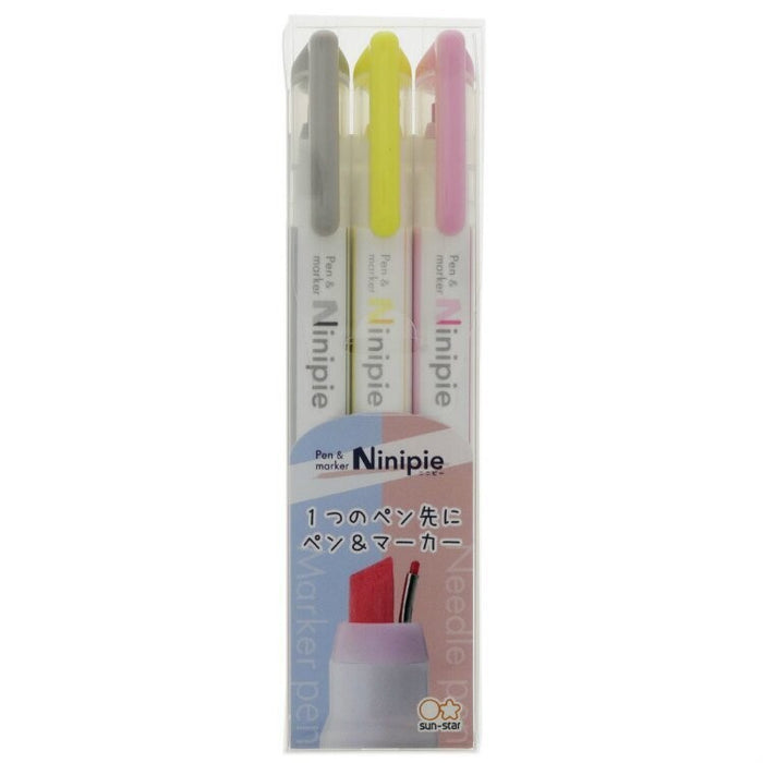 Sun-Star Ninipie 3 Colour Pack in clear packaging, containing grey, yellow, and pink dual tip highlighters.