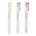 Three Sun-Star Ninipie dual tip highlighters from the 3 Colour Pack, lined up with visible branding in green, blue, and pink.