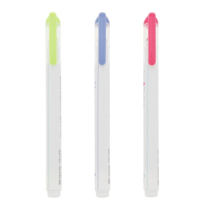 Rear view of three Sun-Star Ninipie dual tip highlighters from the 3 Colour Pack, with caps in green, blue, and pink.