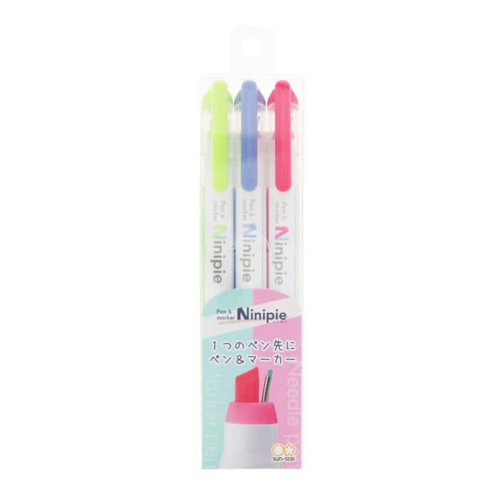 Packaged set of Sun-Star Ninipie 3 Colour Pack pens in green, blue, and pink, shown in a clear plastic case with branding and product illustration.