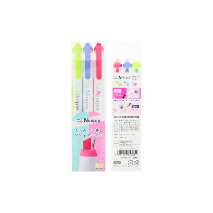 Sun-Star Ninipie 3 Colour Pack – Pastel Highlighter & Fineliner Pen Set, shown from the front.