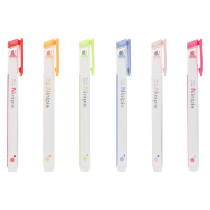 Set of six Sun-Star Ninipie Dual Tip Highlighters from Pack B, arranged upright in a row with coloured caps.