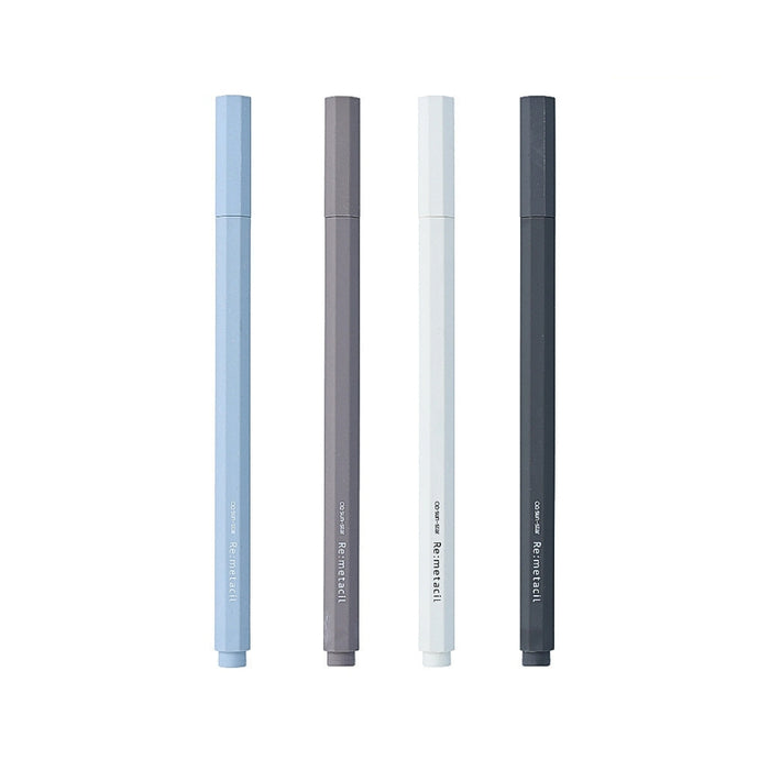 Four colour variations of the Sun-Star Re:metacil metal pencil, displayed in light blue, grey, white, and black.