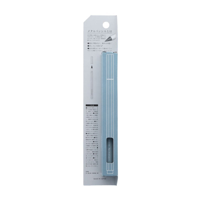 Back view of the Sun-Star Re:metacil metal pencil packaging with product information in Japanese and pencil visible through window.