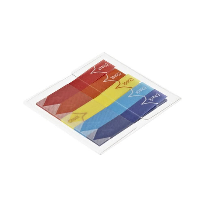 Angled view of loose Sun-Star Slim Piri-it Sticky Memo Check tabs in red, orange, yellow, blue, and purple with arrow-shaped ends.