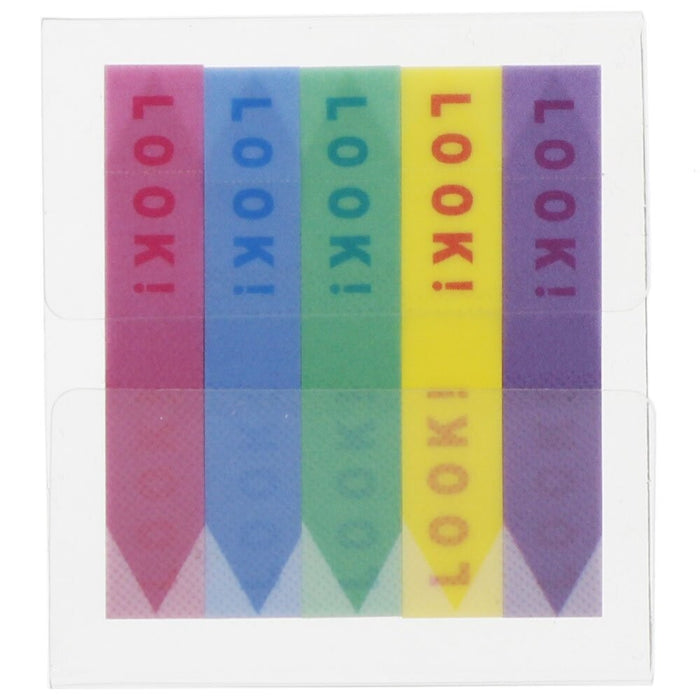 Flat view of Sun-Star Slim Piri-it Sticky Memo Look tabs in red, blue, green, yellow, and purple with arrow design and “LOOK!” text.