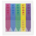 Flat view of Sun-Star Slim Piri-it Sticky Memo Look tabs in red, blue, green, yellow, and purple with arrow design and “LOOK!” text.