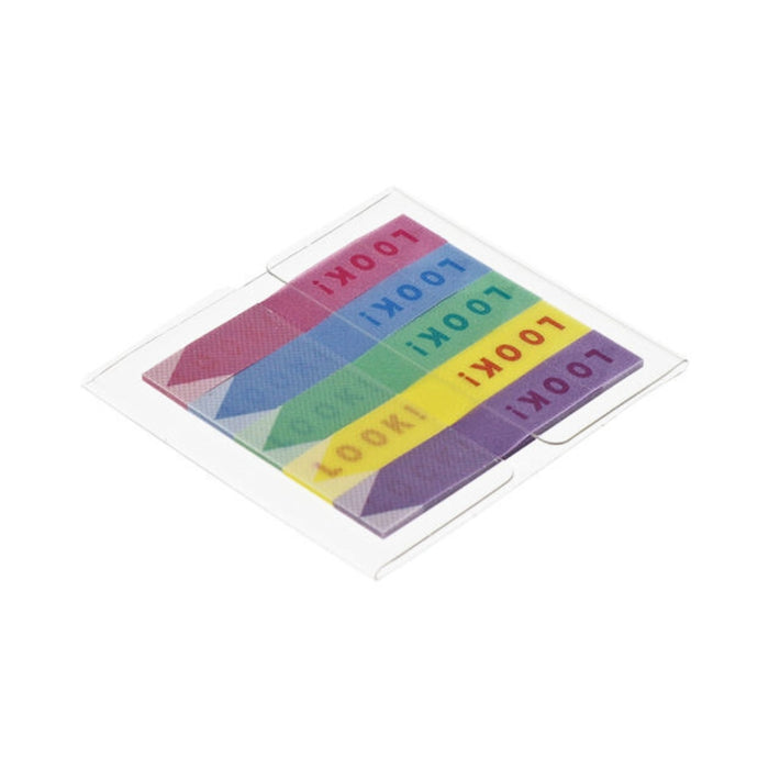 Angled view of loose Sun-Star Slim Piri-it Sticky Memo Look tabs in red, blue, green, yellow, and purple with arrow-shaped ends.