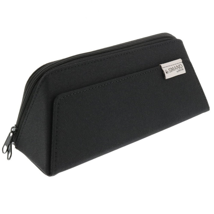 Angled view of the Sun-Star Smand black pen case showing exterior pocket and metal brand tag.