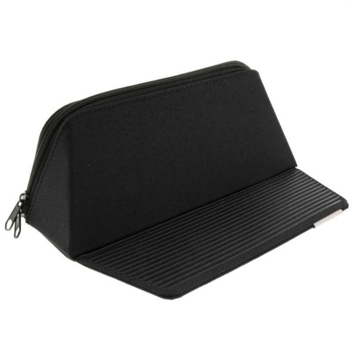 Sun-Star Smand pen case in black, opened and standing upright with inner ridged base exposed.