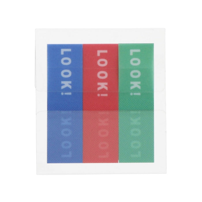 Loose Sun-Star Piri-it sticky memo tabs in blue, red, and green with bold “LOOK!” text.