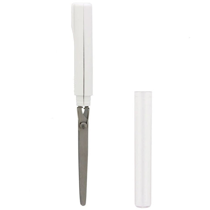 Sun-Star Stickyle Long Type scissors in white, opened with transparent cap placed beside.