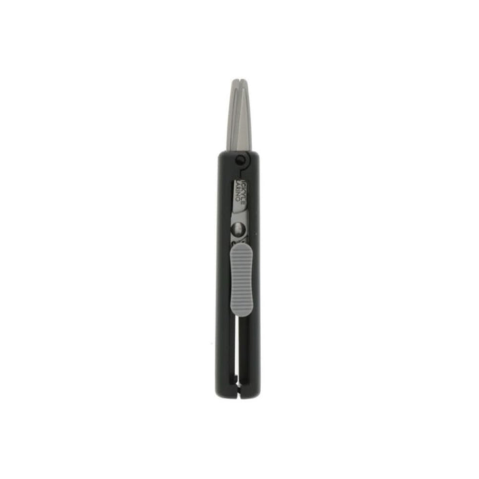Front view of Sun-Star Stickyle Slarino black retractable compact scissors with blades retracted.