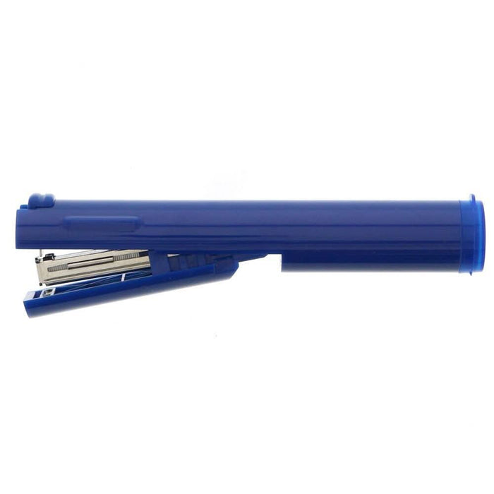 Sun-Star Stickyle stapler in blue, viewed from the side with stapling mechanism visible.