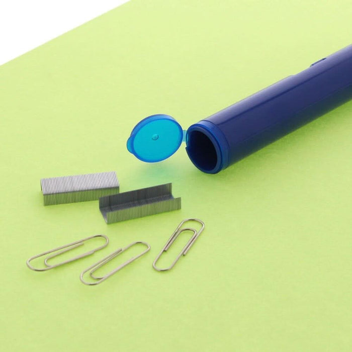 Blue Sun-Star Stickyle stapler shown with open storage compartment containing paper clips and staples.