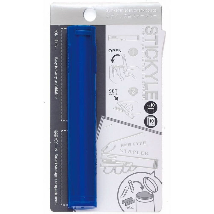 Sun-Star Stickyle stapler in blue, sealed in original packaging with usage instructions.