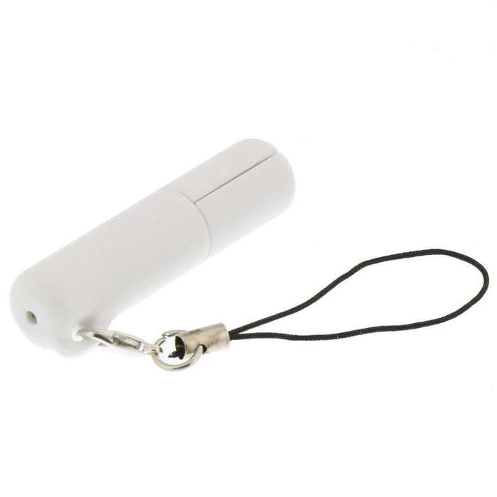 Angled view of Sun-Star Stickyle ultra-compact mini scissors in white, closed with keychain strap attached.