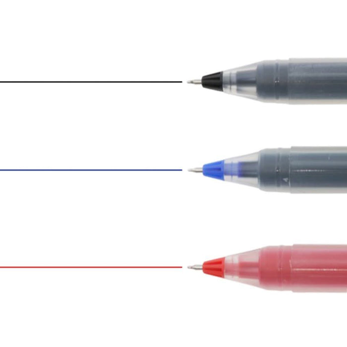 Writing samples from the Sun-Star Stationery Tank gel pen set of three, displaying black, blue, and red ink lines.