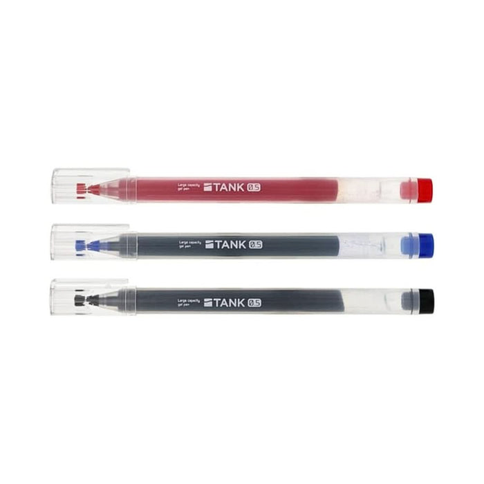 Sun-Star Stationery Tank gel pens set of three, shown in red, blue, and black ink with transparent caps.