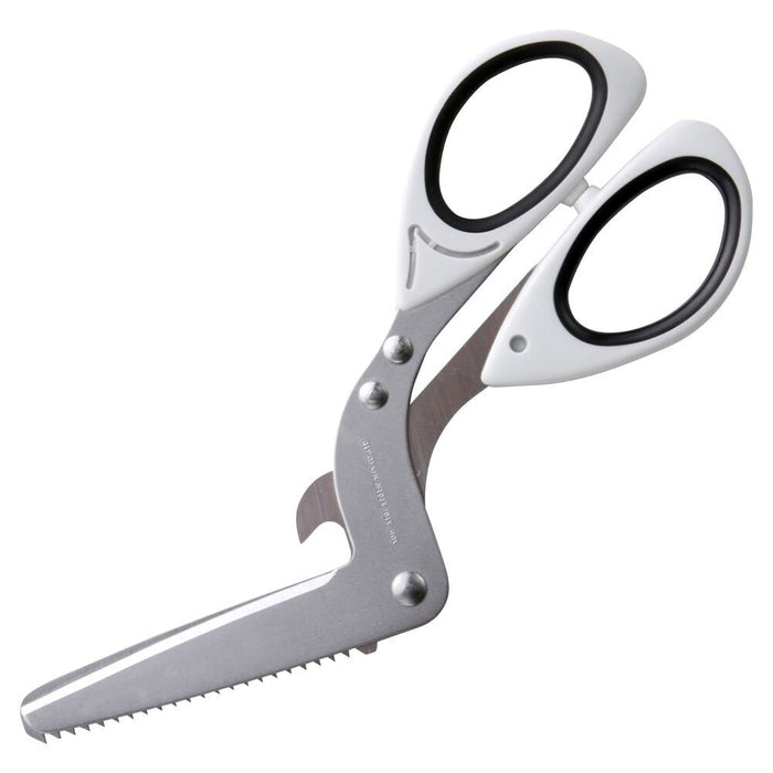 Sun-Star Triple Blade Shredder Scissors with white and black handles, featuring serrated blades.