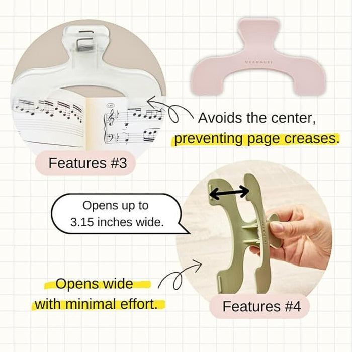 Sun-Star Ukanmuri Clips shown in use with sheet music and in hand, demonstrating page protection and wide opening capacity.