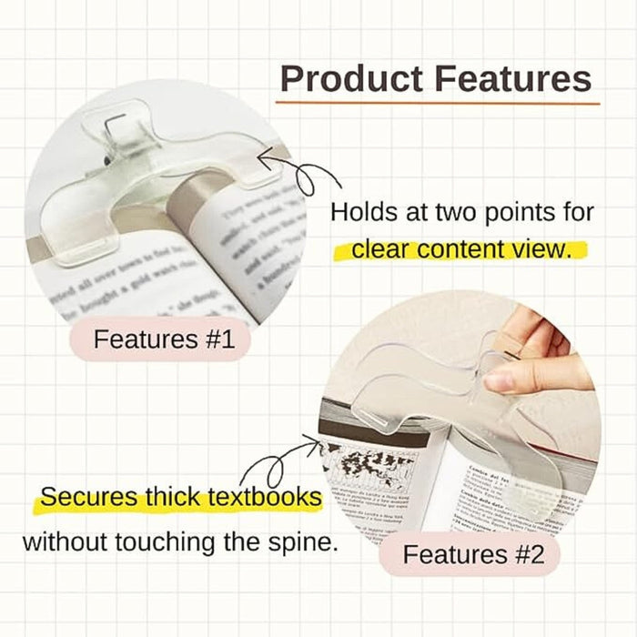 Sun-Star Ukanmuri Clip in clear shown holding open books, highlighting features for clear content view and securing thick textbooks.