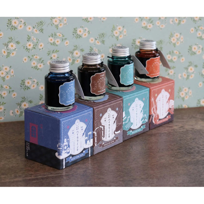Teranishi Guitar Taisho Roman Haikara Fountain Pen Ink, shown from the front.