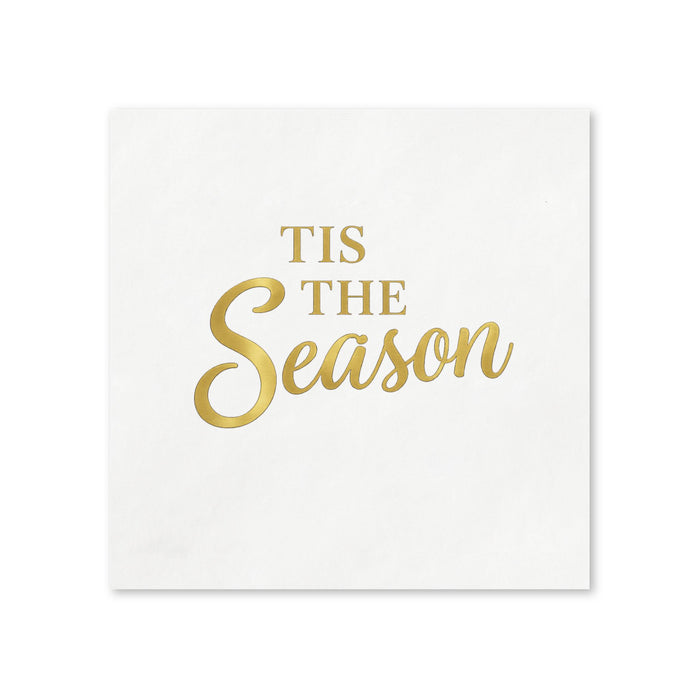 Tis The Season Gold Cocktail Napkins, 50-Pack, 3-ply, Festive Holiday Party & Dinner Decor Napkins