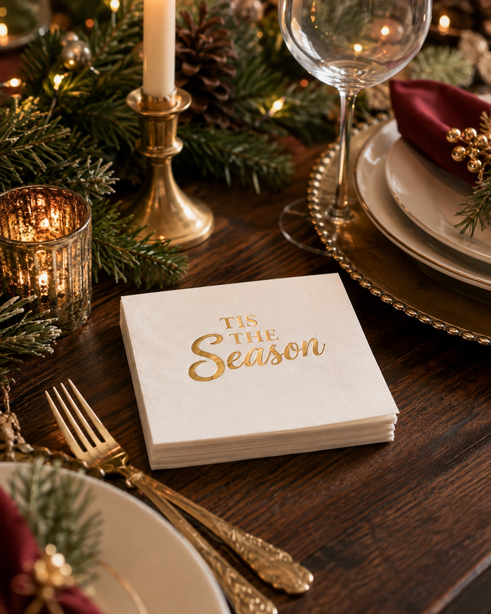 Tis The Season Gold Cocktail Napkins, 50-Pack, 3-ply, Festive Holiday Party & Dinner Decor Napkins