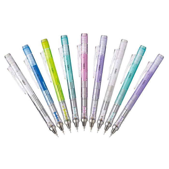 0.3mm and 0.5mm - Tombow MONO Graph mechanical pencils in assorted pastel colours arranged in a fan formation.