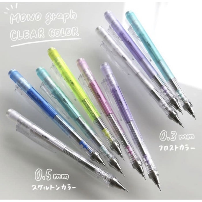 0.5mm and 0.3mm - Tombow MONO Graph mechanical pencils displayed in a mixed pastel colour selection.